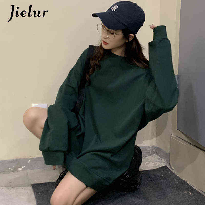 Jielur Harajuku BF Solid Color Women Sweatshirt Loose Casual Green Black White Girls Hoodies O-neck M-XXL Pullovers Female 211109