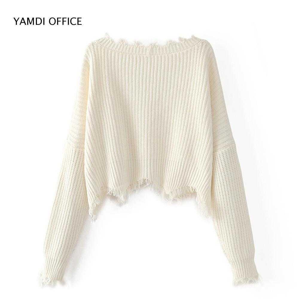 YAMDI women tassel sweater autumn winter solid orange white black sweaters cropped jumpers v neck sexy knitted pullover 211007