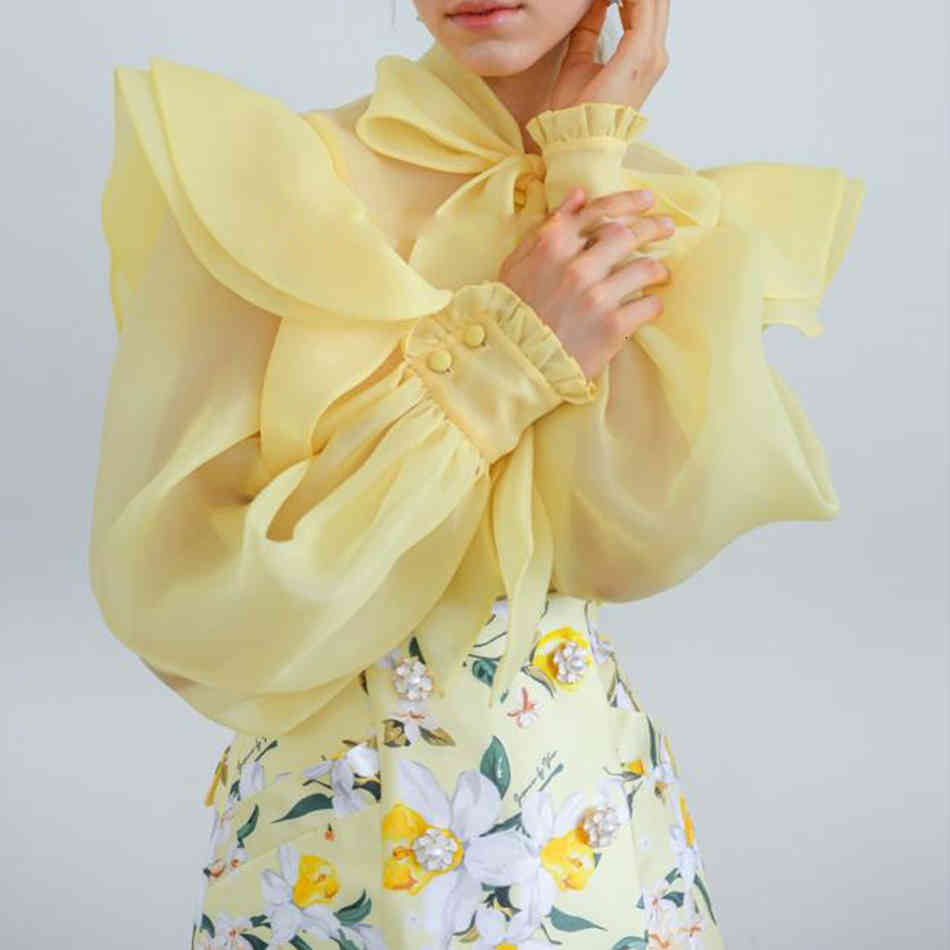 Lace Bow Tie Ruffle Puff Sleeve Long Single-breasted Perspective Top Ladies Yellow Shirt Tops Women Street Wear 210524