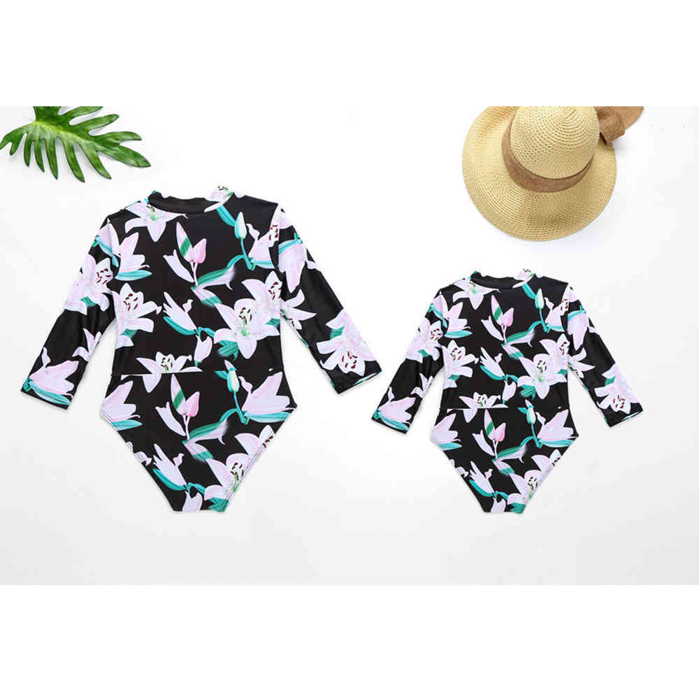 Mother Daughter Swimsuits Print Swimsuit Mommy And Me Swimwear Long Sleeve Bathing Suit Matching Outfit 210521