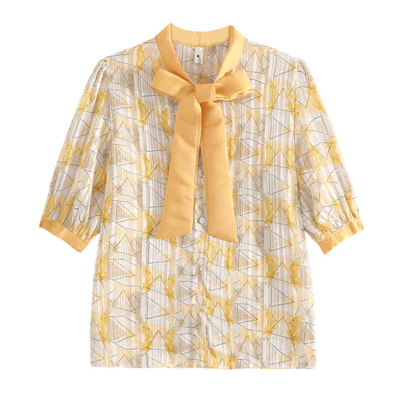 Summer Sweet Puff Sleeve Shirt Loose Fit Bow Collar Short Tops Tie Elegant Printed Chiffon Blouse Women 9547 210427