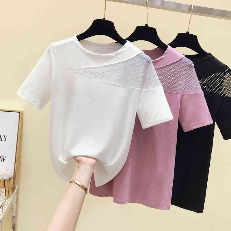 Summer Women's Short Sleeve O Neck Bling Patchwork Mesh T-Shirt Ladies Casual Pullover Tee Tops A3275 210428