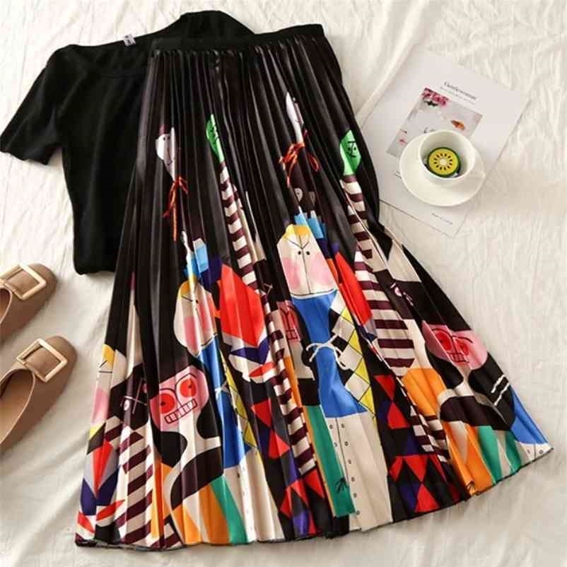 EU Style Woman Printed Midi Skirts Fashion Female Casual Pleated Summer for 210621