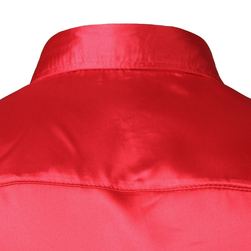 Men's Slim Fit Silk Satin Dress Shirts Wedding Groom Stage Prom Shirt Men Long Sleeve Button Down Shirt Male Chemise Homme Red 210522
