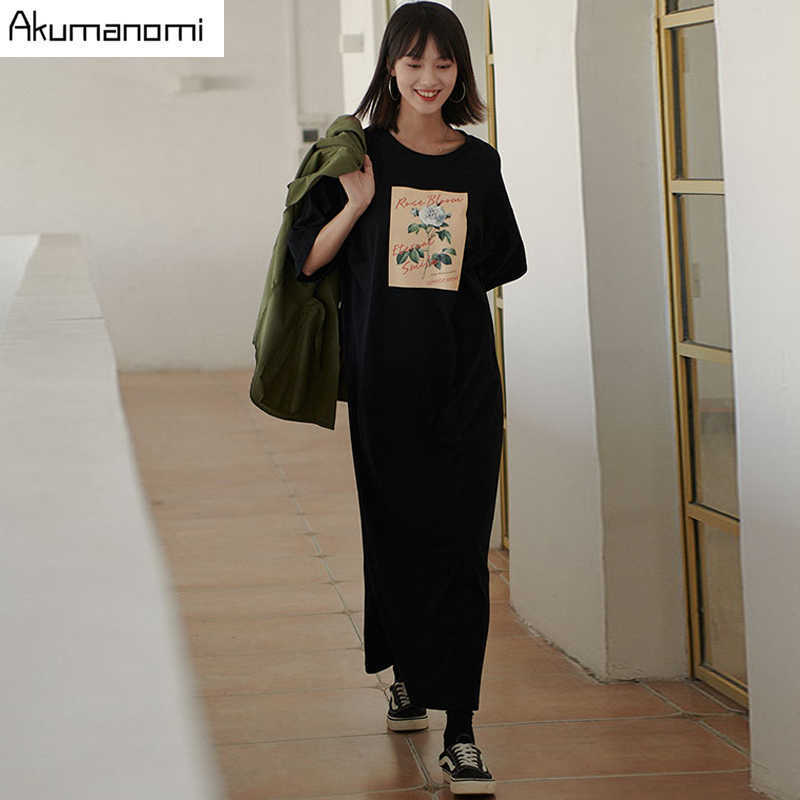 Cotton Tops Plus Size 7xl 6xl 5xl 4 Xxxl Black Maxi T Shirt Dress Women Summer Party Vintage Straight Casual Double Slit Dresses 210630