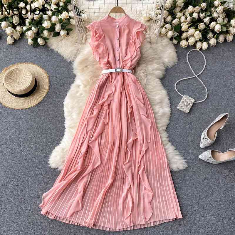Neploe Seaside Holiday Dress Women Summer Robe Sweet Ruffles Slim Fit Vestidos Female Chiffon Pleated Elegant Maxi Dresses 95511 210422
