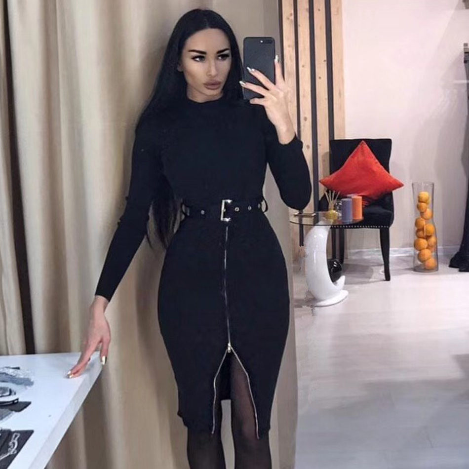 Autumn Women's Fashion Sexy Solid Color Matching Belt Bodycon Long Sleeve Round Neck Party Dress Wholesale Vestidos 210524