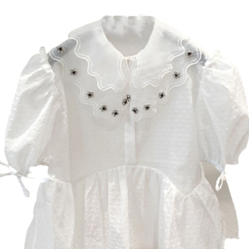 Nomikuma Korean Beads Mesh Peter Pan Collar Women Blouse Shirt Summer New Lace Up Puff Sleeve Ruffle Sweet Blusas 6G705 210427