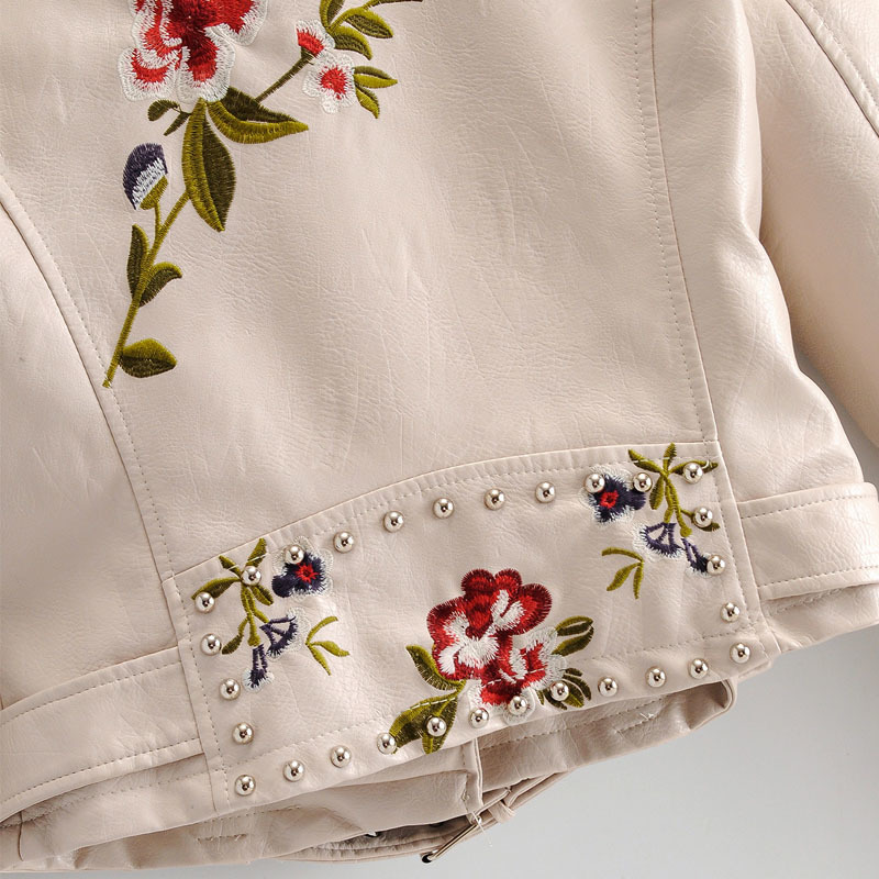 Women's PU Leather Lapel Long-sleeved Jacket Female Heavy Industries Embroider Flowers and Leaves Rivet Short Leather Jacket 210507