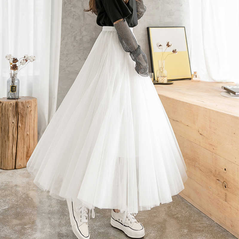 TIGENA Tulle Pleated Long Skirt Women Spring Summer Korean Fashion A Line High Waist Mesh Tutu Maxi Female Mid-length 210619