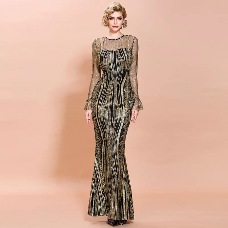 Fashion Women's Summer Dress Sexy Long Sleeve Gold Sequins Lace Maxi Evening Runway Club Party Outfit Lady 210423