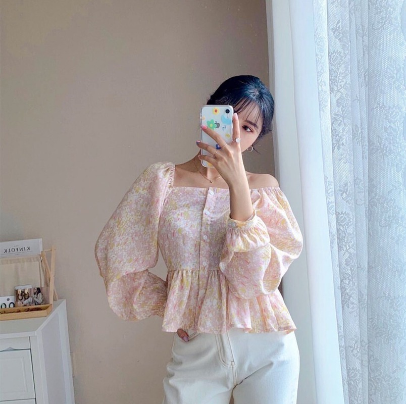 Korean Slim Square Collar est Print Ruffles Office Lady Streetwear Women Shirts Tops Vintage Florals Loose Blouse Blusa 10112 210506