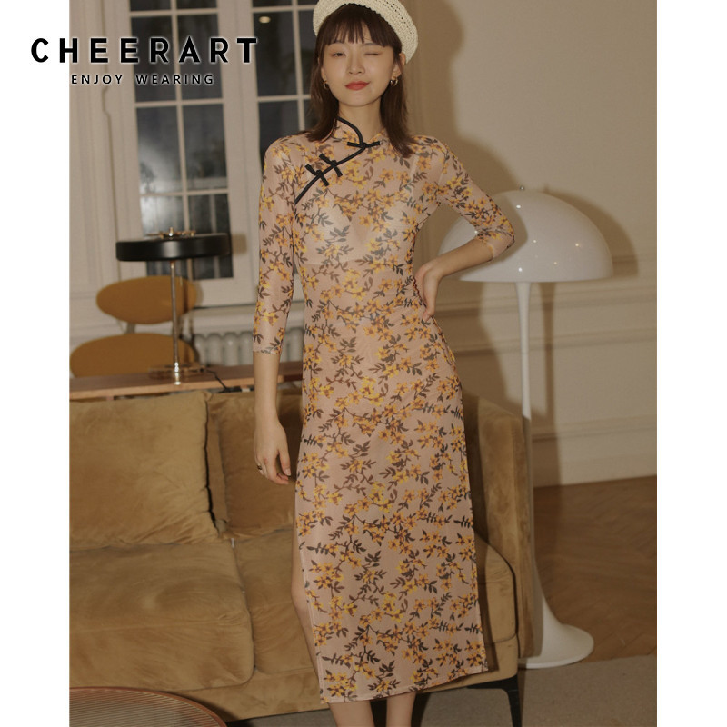 Vintage Long Midi Mesh Dress Women Mandarin Collar Bodycon Ladies Summer Floral Print Side Slit 210427