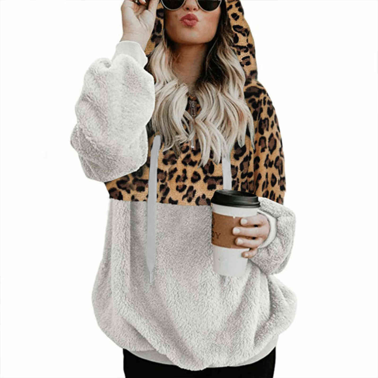 Casual Loose Plush Leopard Patchwork Hoodies Women Zipper Tops Long Sleeve Drawstring Hooded Warm Sweatshirt With Pockets Autumn 211109
