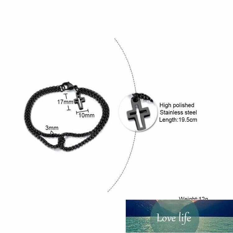 Double Strand Rolo Chain with Cross Charms Bracelet for Men Stainless Steel Lobster Claw Clasp Closure