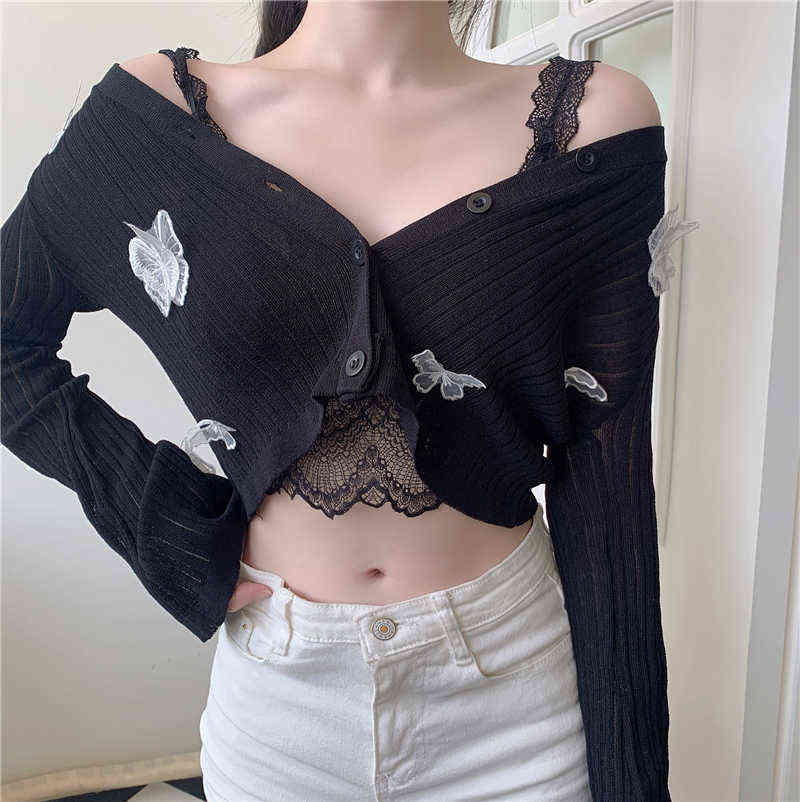 Butterfly Knit Cardigans Women Korean Sexy V-Neck Fitness Crop Tops Ladies Summer Thin Long Sleeved Sunscreen Jackets 211117