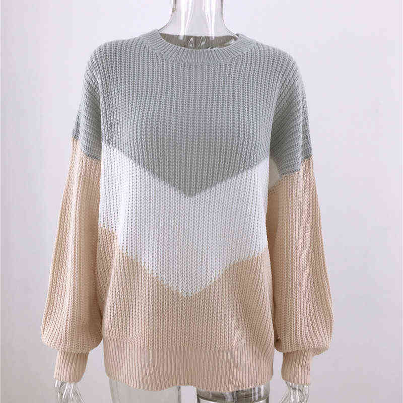 Plus Size Loose Knitted Sweater Women Jumpers Long Sleeve Woman Pullovers Sweaters Casual Winter Color Block Striped Sweater 211109