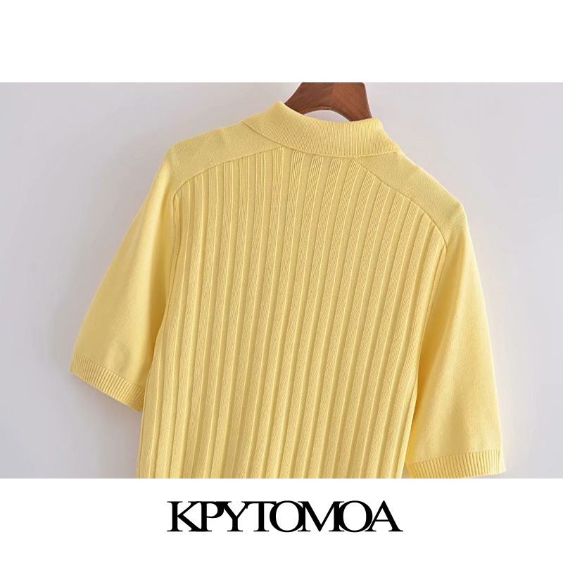 Women Fashion With Rhinestone Buttons Knitted Sweater Lapel Collar Short Sleeve Female Pullovers Chic Tops 210420