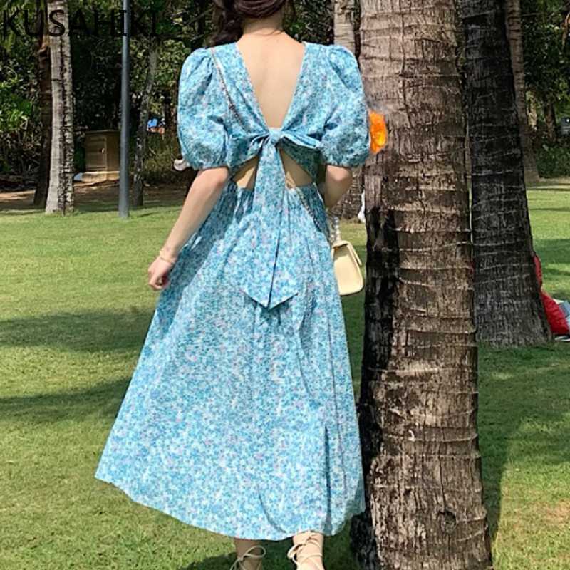 Woman Dress Korean Floral Elegant Slim Waist Puff Sleeve Vestidos Femme Bow Bandage Backless Dresses 6H383 210603