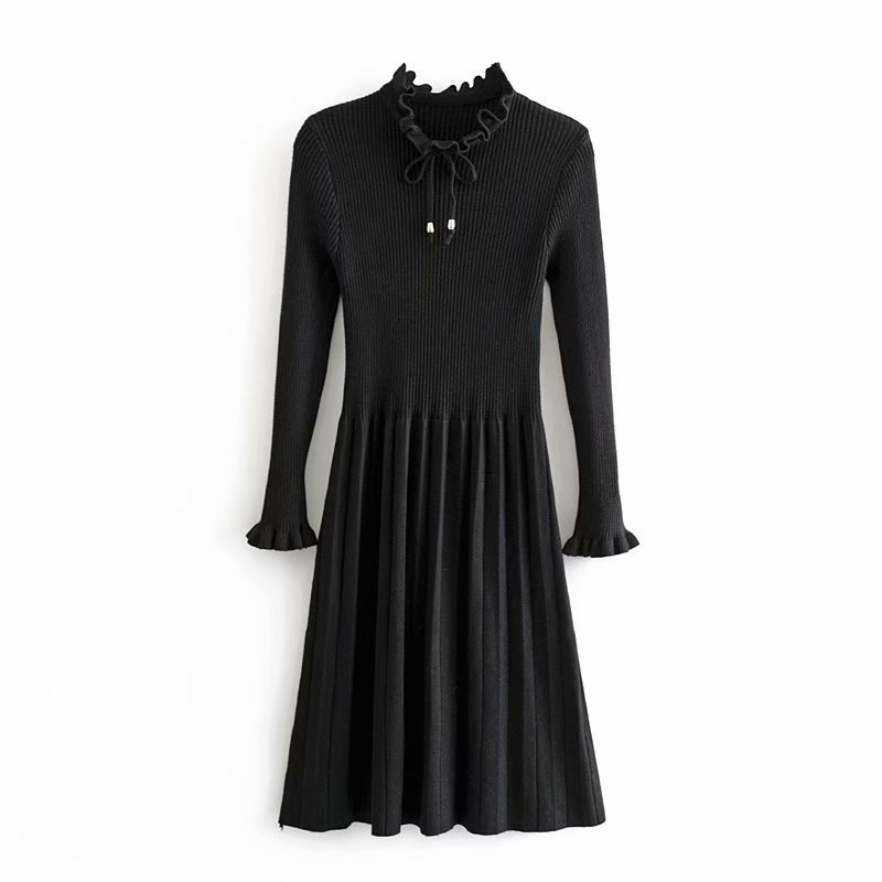 Elegant Ruffle Long Sleeve Knitted Sweater Dress Women Solid A Line Bow Pleated Dress Autumn Winter Casual Dresses For Ladies 210414
