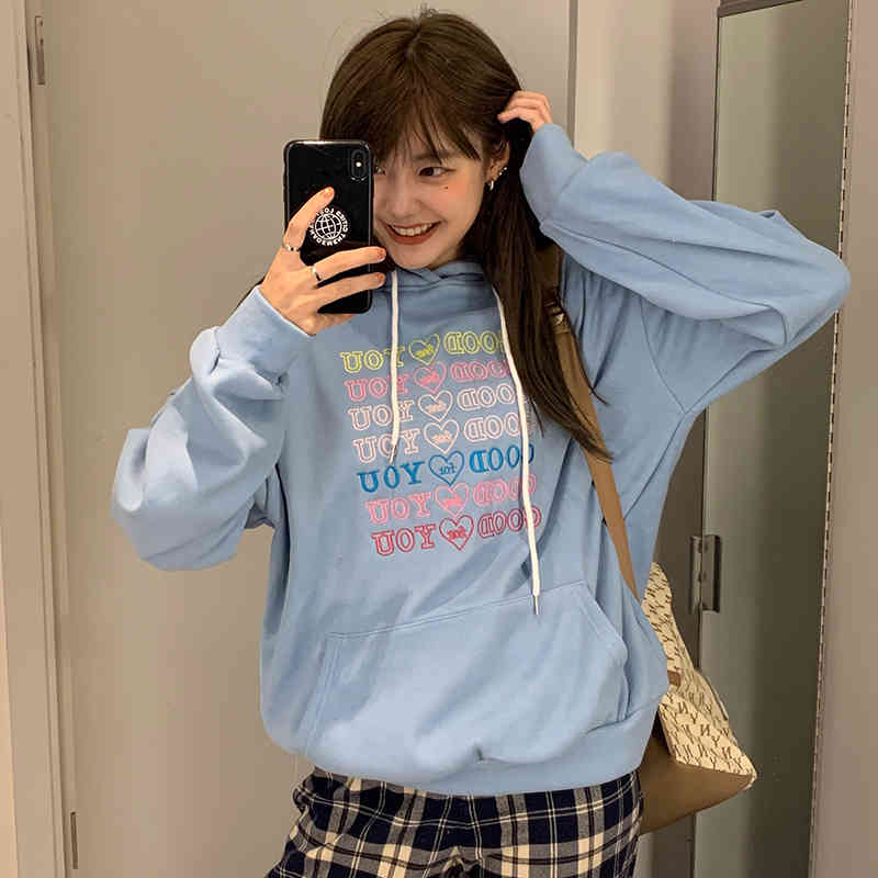 2 colors autumn and winter preppy style loose letter embroidery thicking hoodies womens sweatshirts pullovers (C2920) 210423