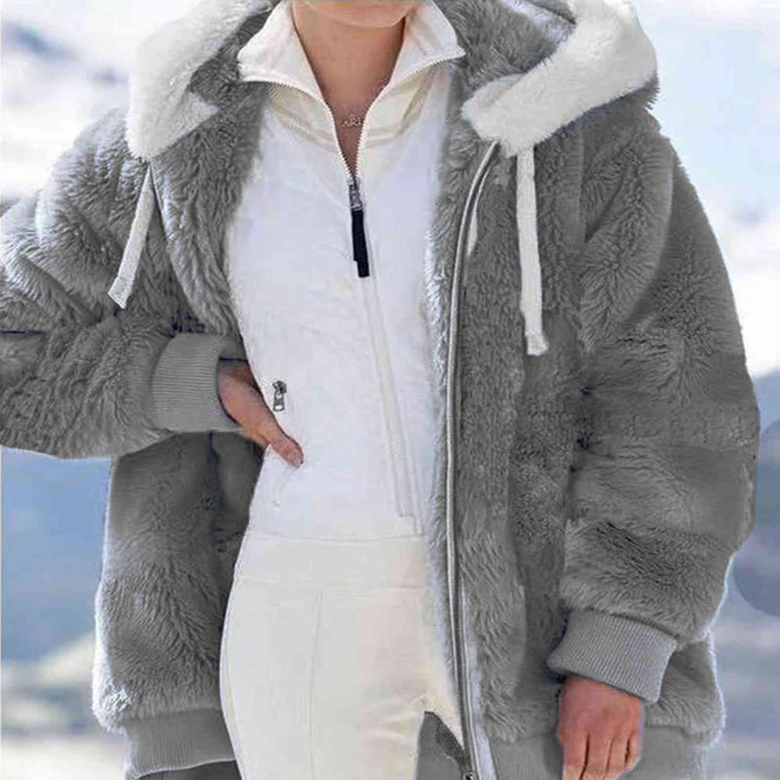 For Women's Winter Hooded Jacket Fashion Cardigan Zipper Casual Loose Solid Color Plush Long Sleeve Warm Fur Cotton Clothes 211123