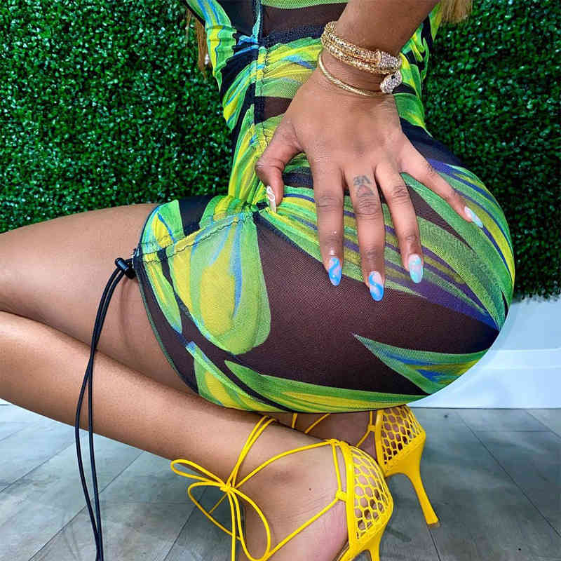CNYISHE Sexy Sleeveless Print O-neck See-through Dress Women Fashion Bodycon Sheath Party Dresses Beachwear Mesh Sundress Robe 210419