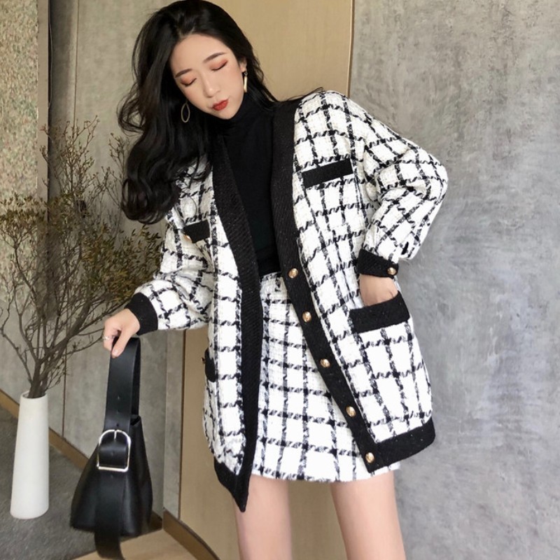 Autumn Winter Fashion 2 Piece Set Women Long Sleeve Tweed Wool Jacket Coat+Mini Skirt Ladies Vintage Clothing s 210519