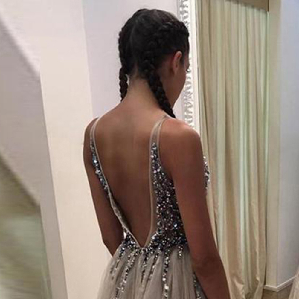 Beading Prom Dresses Long 2021 V Neck Light Gray High Split Tulle Sweep Train Sleeveless Evening Gown A-Line Backless Vestido De