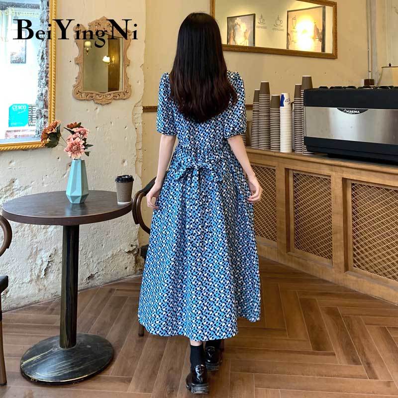 Elegant Kawaii V-neck Dresses Womens Printed Sashes Sweet Vintage Short Sleeve Chiffon A Line Vestidod Female Clothes 210506
