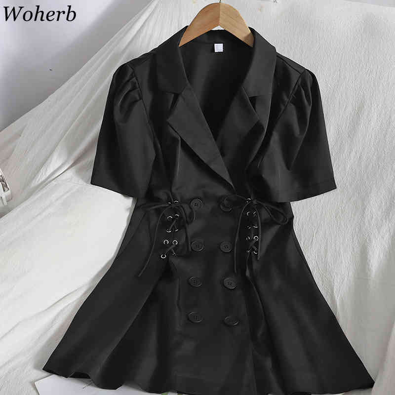 Women Sexy Blazer Dress White Double Breasted Bandage Suit Collar Mini Dresses Elegant Summer Korean Slim Fit Vestidos 210519
