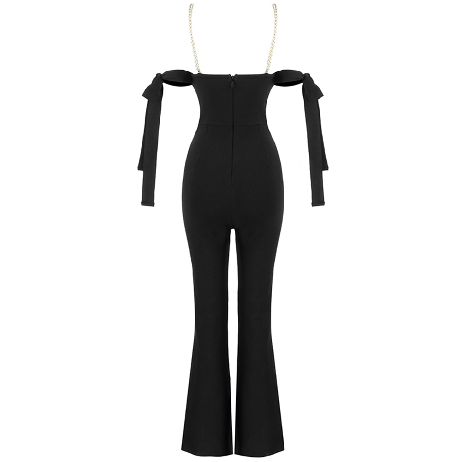 Summer Sexy Sleeveless Off Shoulder Bow Beaded Lady Bodycon Bandage Elegant Black Solid Color Long Jumpsuit 210525
