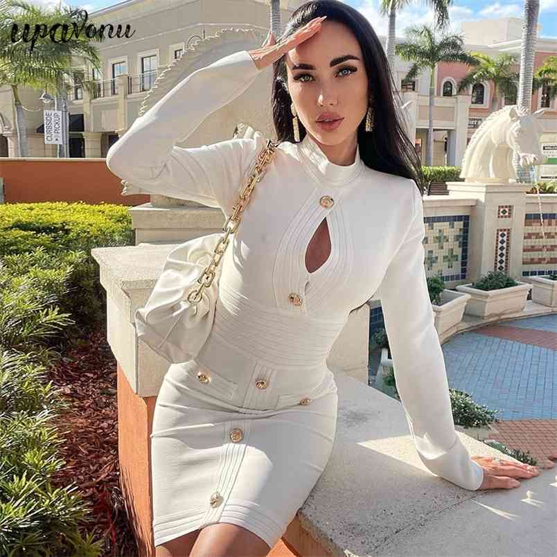 Free Women's Summer Bandage Dress White Long Sleeve Single Breasted Bodycon Sexy Hollow Club Party Vestidos 210524