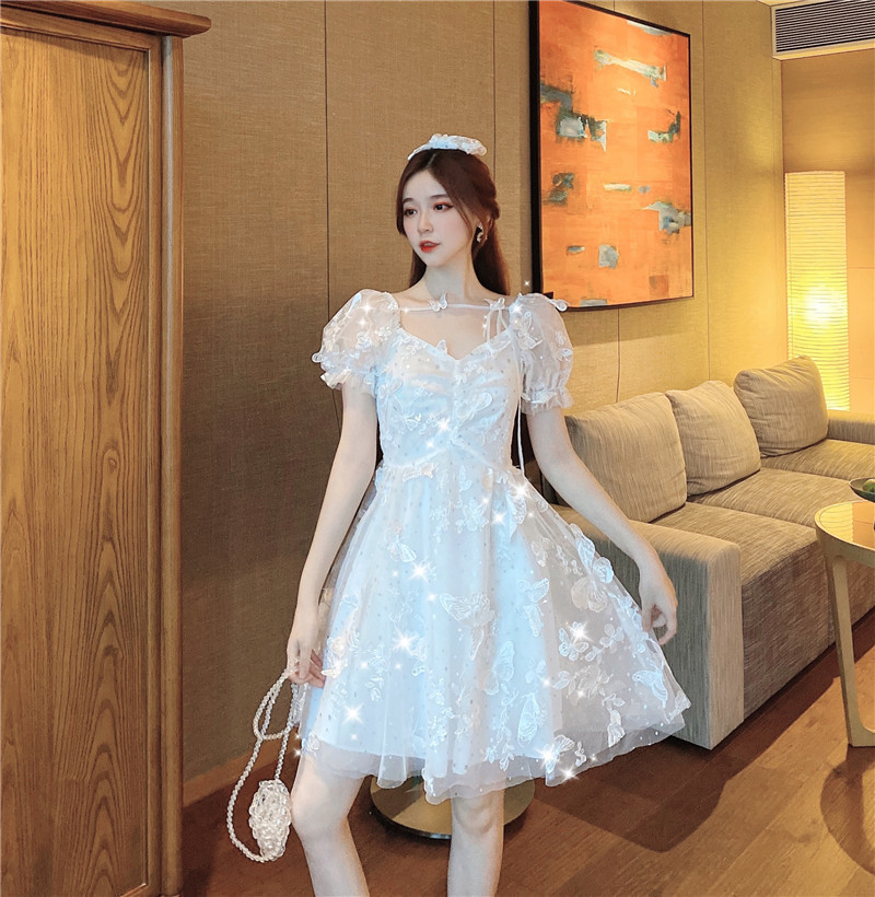 Elegant Women White Mini Dress Summer Sexy Tulle Short Sleeve Sweet Butterfly Party Dress Lady Vestidos 210518