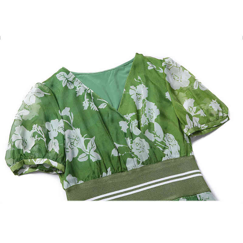 VKBN Summer Dress Women Silk Mid-Calf V-Neck Fashion Printing Elastic Waist Was Thin Dresses Long Women Fashion 210507