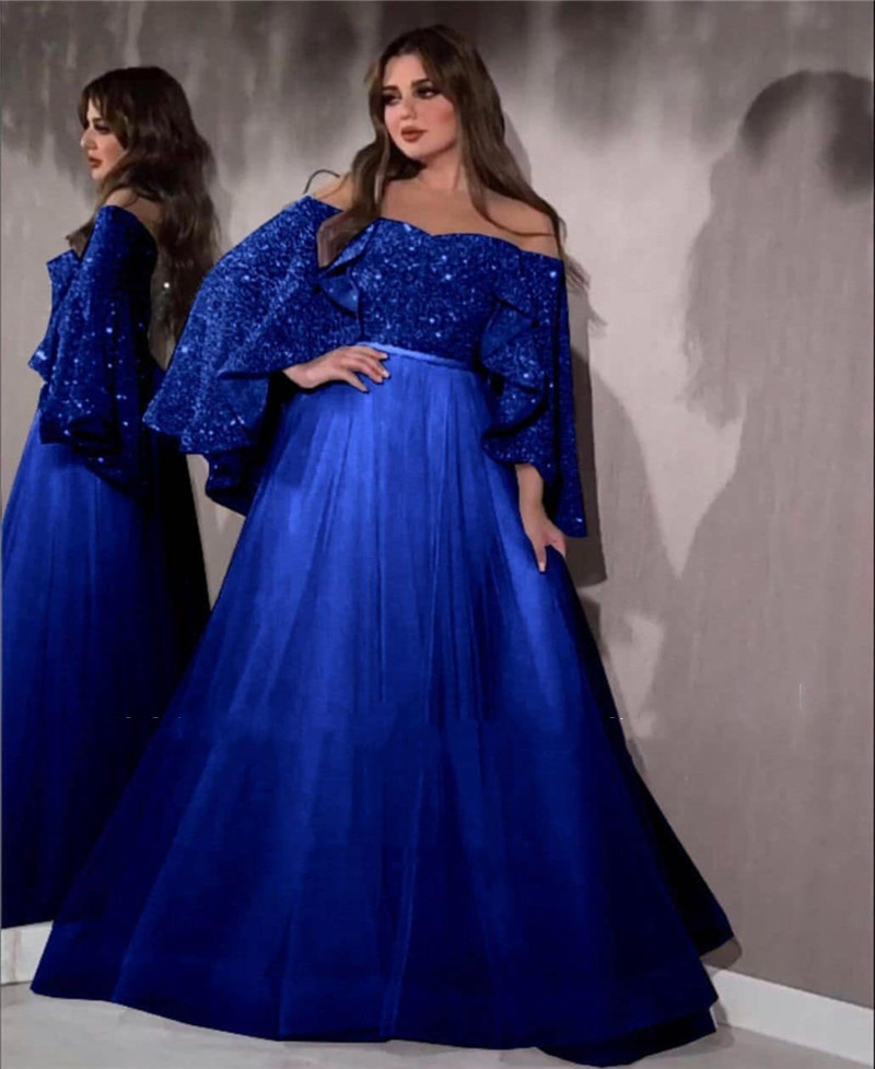 Elegant Arabric Royal Formal Evening Dresses Cape Sleeve Glitter Sequined Floor Length Tulle A Line Women Prom Dress Plus Size Long Special Occasion G