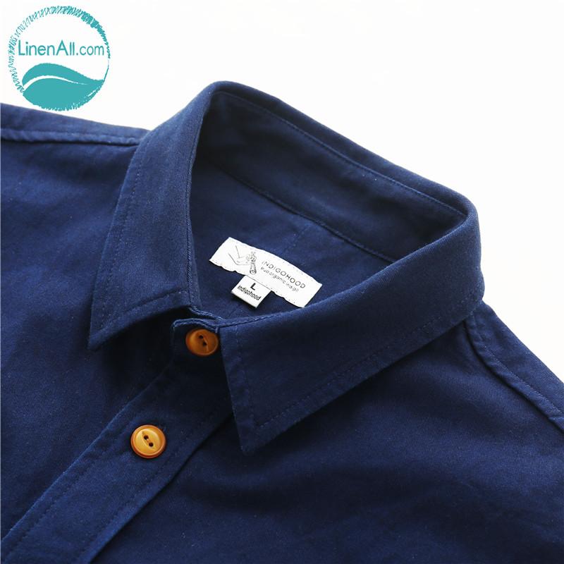 LinenAll Men's Blue Dye IndigoHood Plant Thick Bandana Fruit Buckle Shirt Coat Male" Casual Shirts