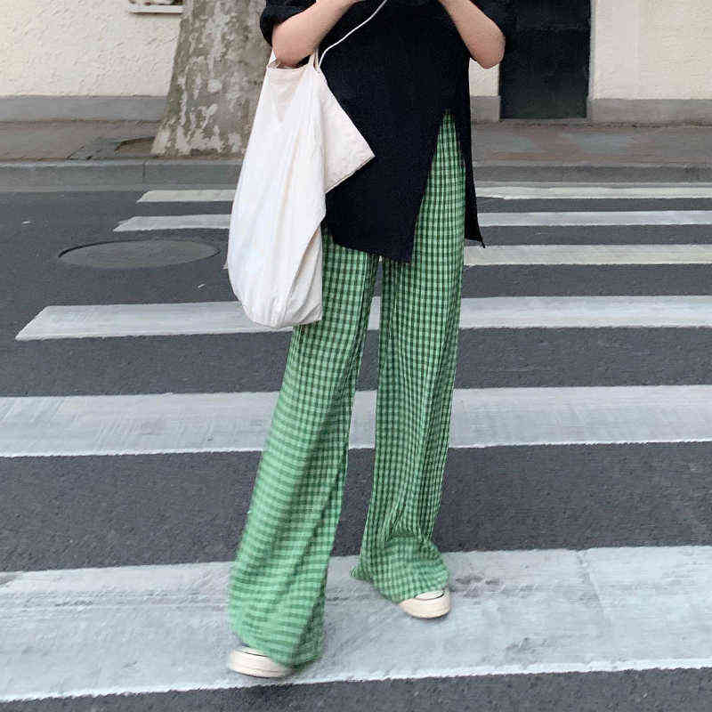 Hzirip Green Plaid Split High Waist Drape Thin Loose Fashion All-Match Women Summer Straight Pleated Casual Mopping Pants 211115