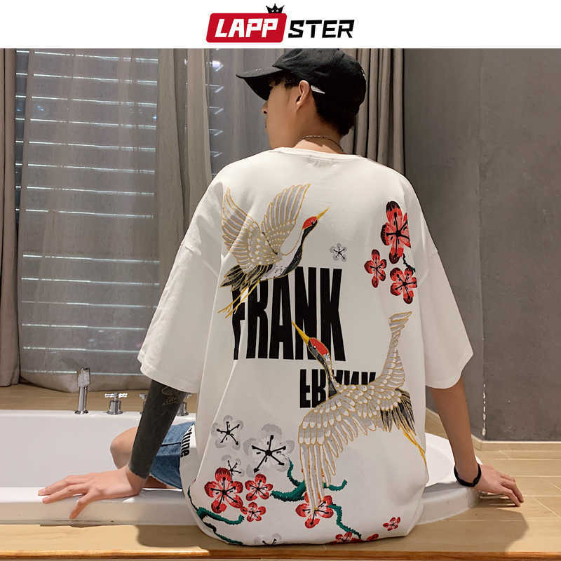 LAPPSTER Men Japanese Streetwear Crane Shirt Summer Mens Harajuku Black Shirts Male White Korean Loose ees Plus Size 210629