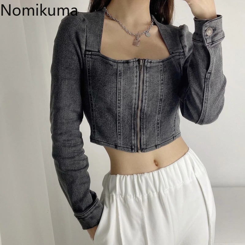 Nomikuma Spring New Sexy Slim Short Jeans Blouse Zipper Korean Long Sleeve Square Collar Shirt Fashion Korean Blusas 6F712 210427