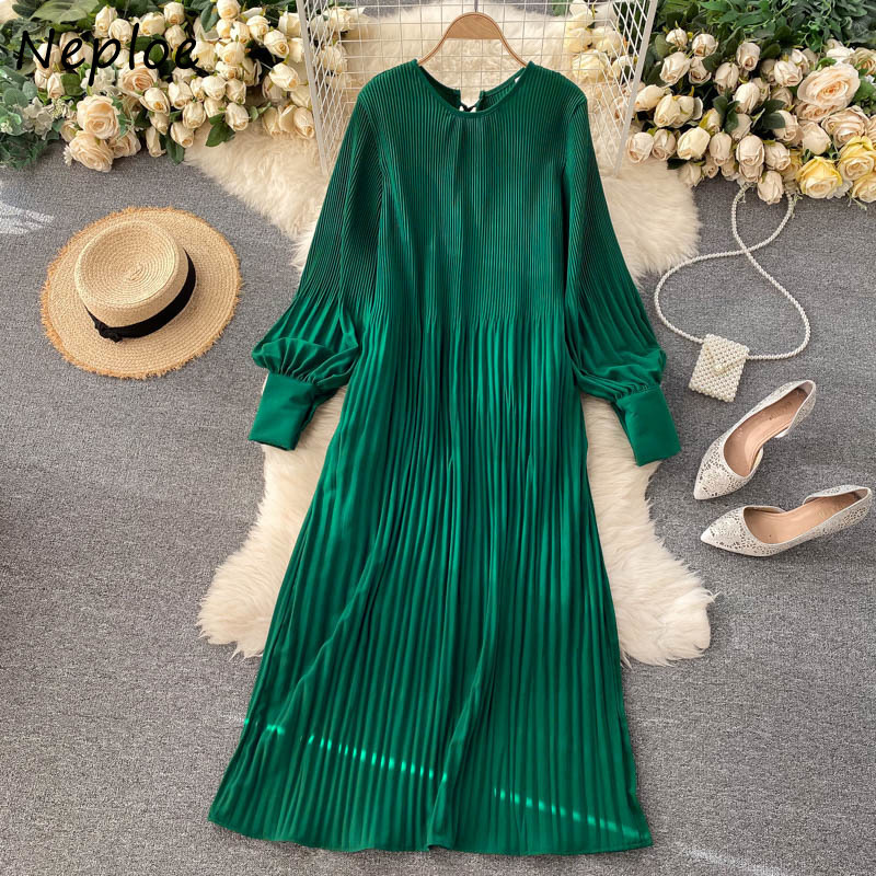 Neploe Chiffon Chic Drawstring Pleated Dresses O-neck Puff Sleeve Loose Beach Style Dress Solid Color Sweet Mid-length Vestidos 210422