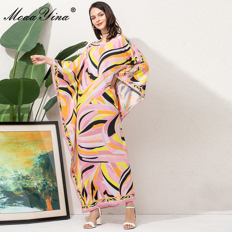 Fashion Runway Loose Maxi Dress Women Elegant Ethnic Print Chiffon Long Batwing Sleeve Oversize Dressing Gowns 210524