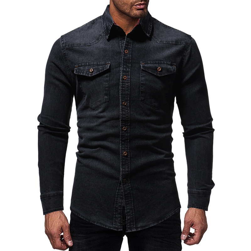 TANG Black Denim Shirt Men Casual Fit Slim Long Sleeve Shirts Autumn Cotton Jeans Dress Shirt Mens Clothing Plue Size 210410