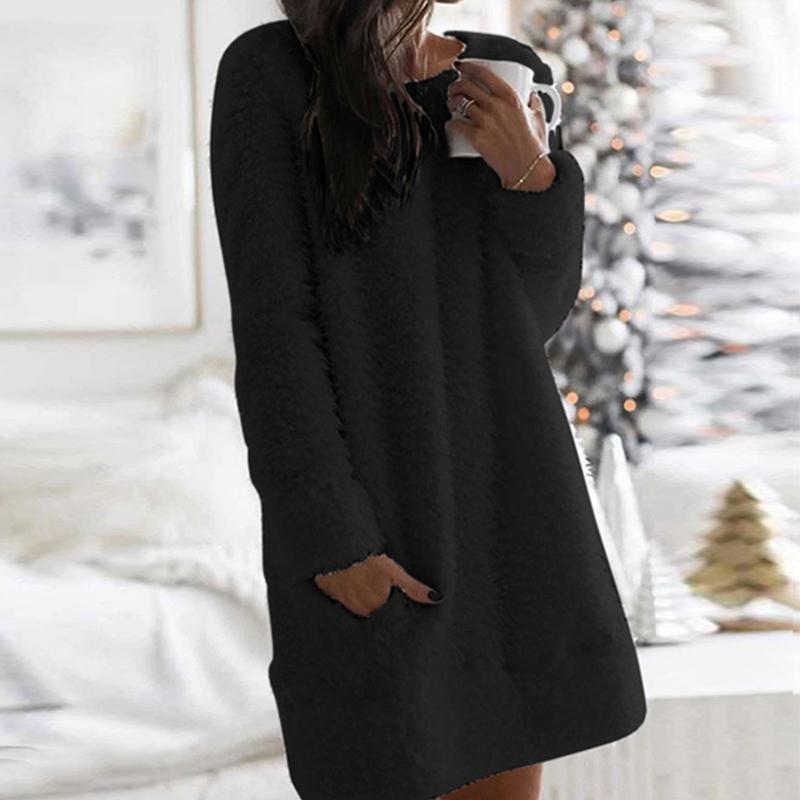 Autumn Solid Elegant O Neck Simple Dress 2021 Casual Loose Women Plush Mini Dresses Winter Long Sleeve Warm Party Vestidos