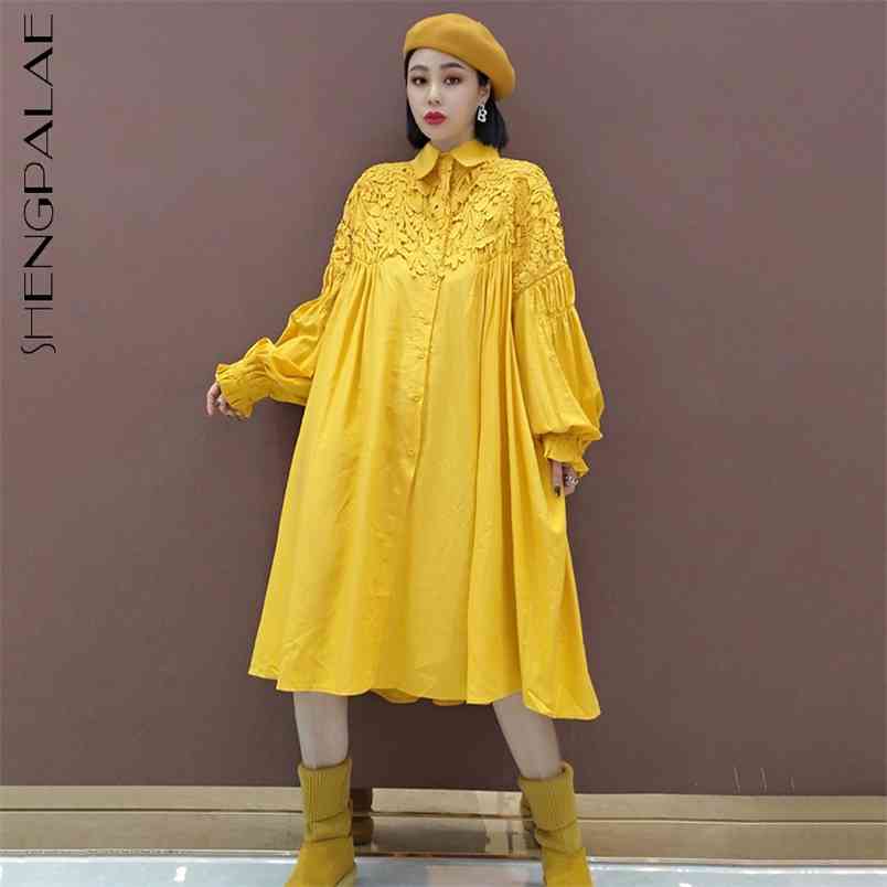 SHENGPLLAE Chic Lace Patchwrok Dress Women's Spring Lapel Large Size Single Breasted Long Sleeve Knee-length Dresses 210427