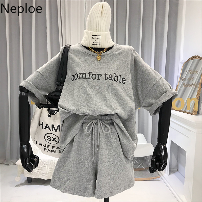 Neploe Tracksuit Sets Women Summer Fashion Letter Print Short-sleeved T-shirt Casual Shorts Loose Two-piece Suit Female 210422
