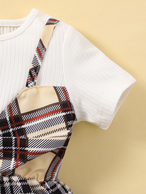 Baby Solid Tee & Plaid Print Cami Dress SHE