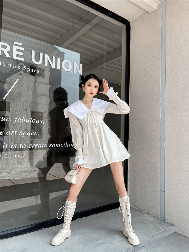 Sailor Collar Jacquard Long Sleeve Mini Dress Women Tie Neck Tunic A Line Fashion Korean Outfit Spring 210427