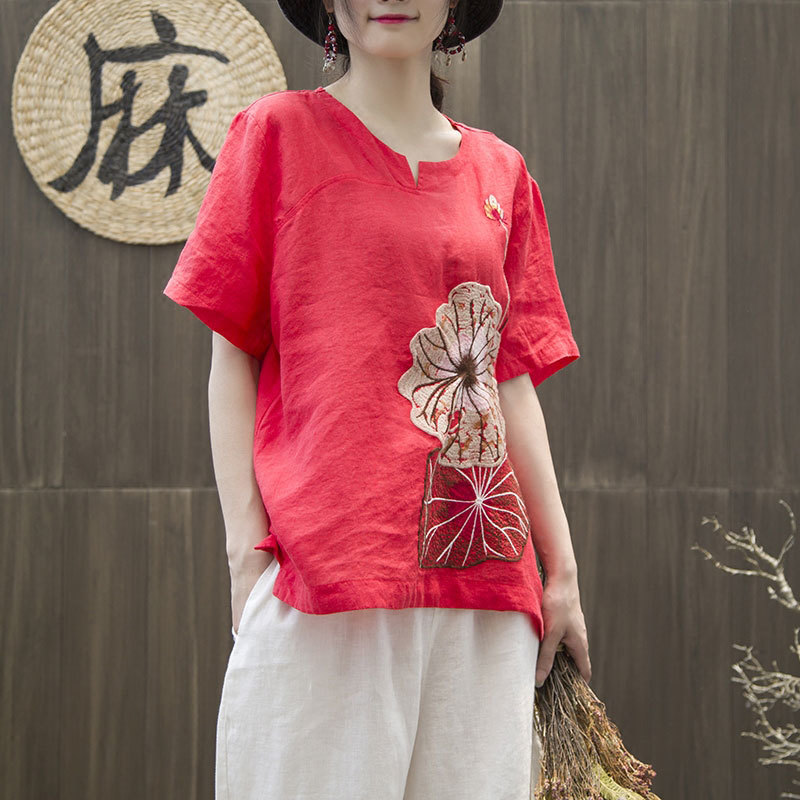 Summer Style Women Tshirt Plus Size Short Sleeve Loose V-neck Tops Cotton Lady Lotus Leaf Embroidery Vintage Tee Shirt HXJ3 210512