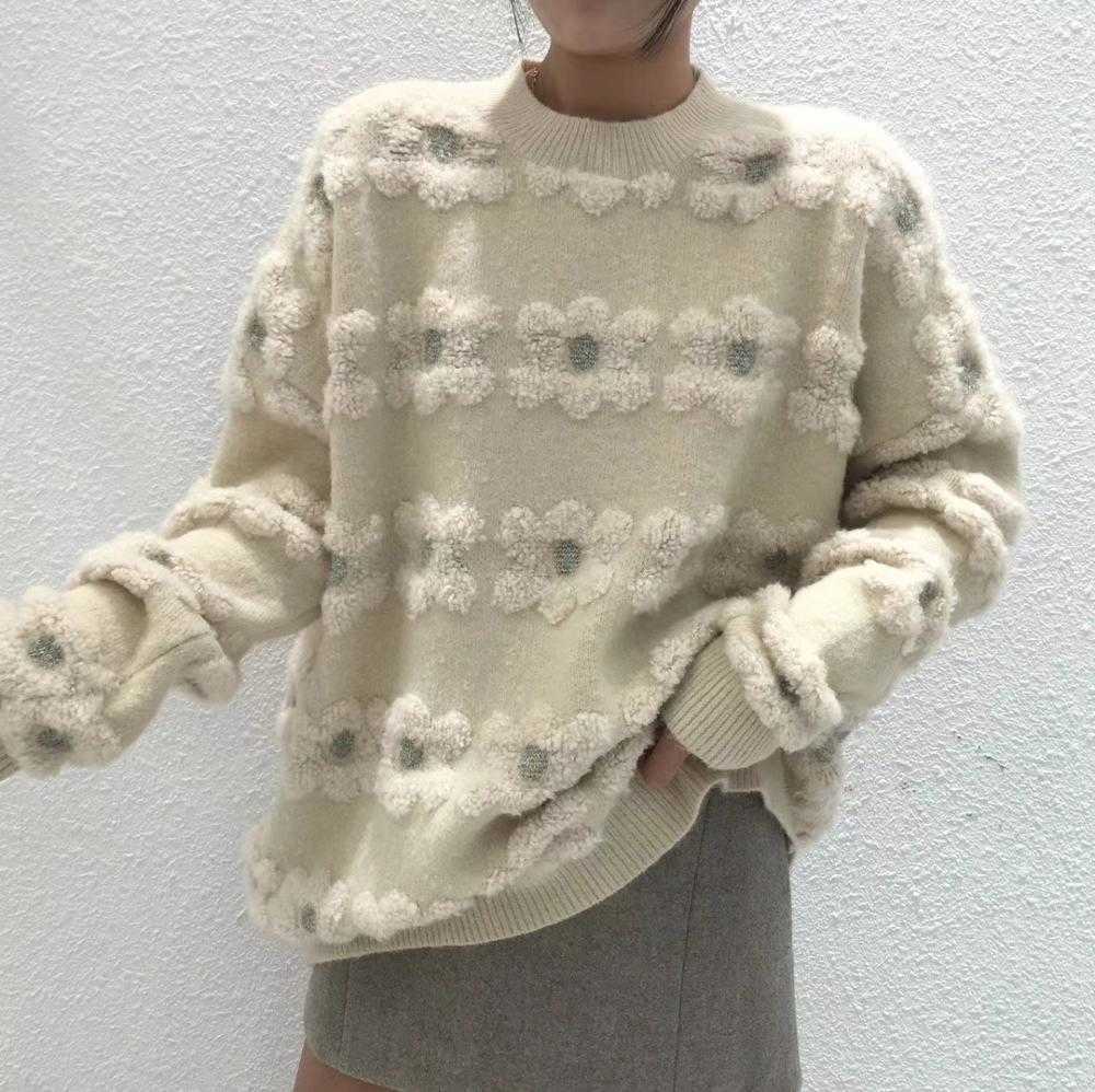 H.SA Korean Style Women Sweet Knit Jumpers Floral Patchwork Knit Pull Jumpers Oneck Cute Chic Pullovers Sweater Floral Jumpers 210716